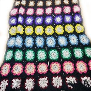 Handmade Crochet Blanket Black Multicolor Floral Squares 46" x 78"